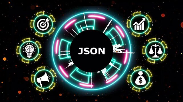 Futuristic neon interface displaying json data management for digital system.