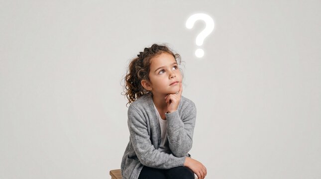 Pensive Child Pondering: A young girl with curly hair, deep in thought, gazes upwards with a finger on her chin.