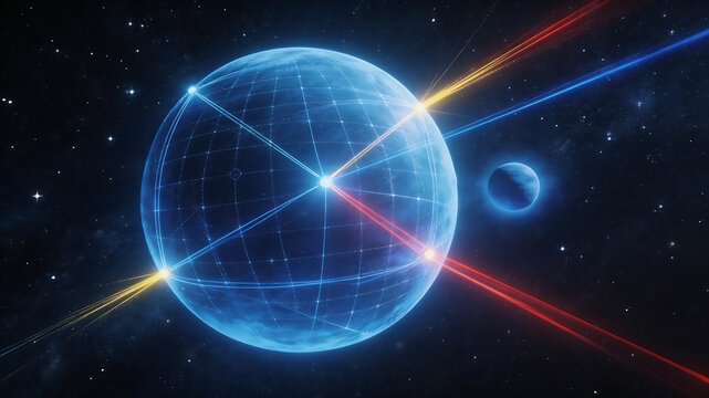 Blue planet with grid and colorful beams symbolizing exploration and the great outdoors