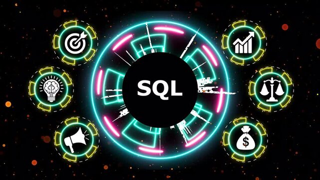 SQL icon on colorful glowing circles with various business elements motion footage.