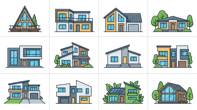 Colorful Modern House Architectural Style Illustrations.