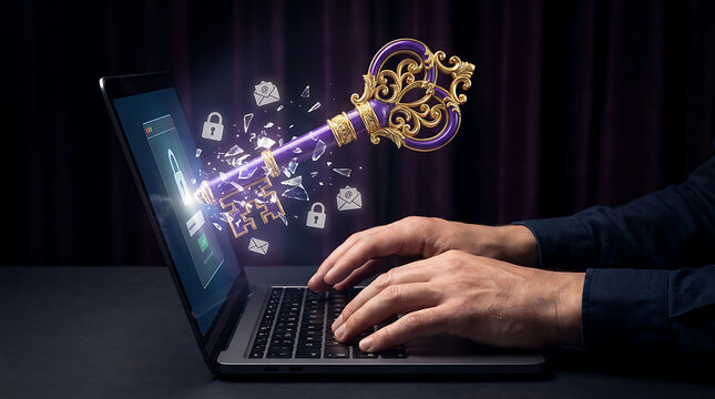 A person typing on laptop with magical key unlocking security symbols