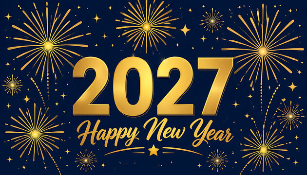 Happy New Year 2027 celebration banner with golden text and fireworks on dark blue background