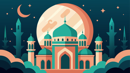A serene mosque under the glow of a crescent moon at night © ruposhi