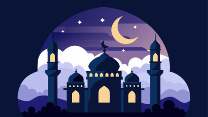 A serene mosque under the crescent moon and starry night sky © ruposhi