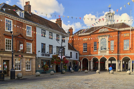 The Falcon pub and Guildhall, Corn Market and Church Street, High Wycombe, Buckinghamshire, England