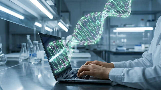 Scientist working on laptop with dna code on screen in lab setting daily