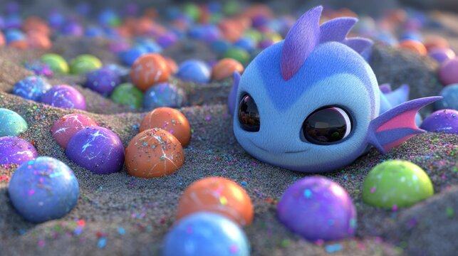 Adorable aquatic creature rests among colorful speckled spheres buried in sand