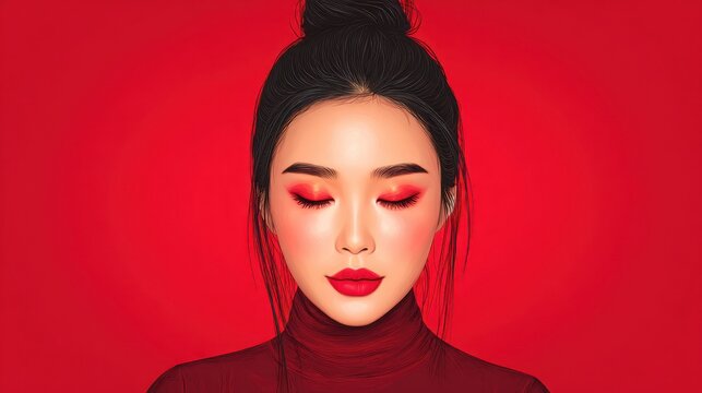 Striking portrait features a woman with dramatic red makeup against a vibrant solid red background