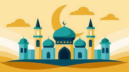 Fototapeta premium A colorful illustration of a mosque under a crescent moon
