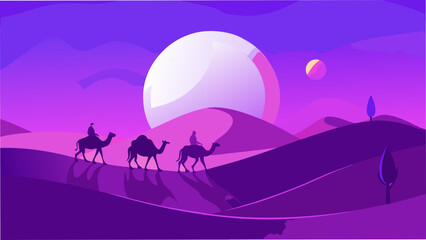 Naklejka premium A tranquil silhouette of camels under the glow of a full moon