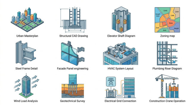 Colorful Isometric Bar Chart Buildings Architecture.