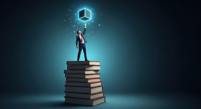 Businessman reaching for a glowing cube atop a stack of books
