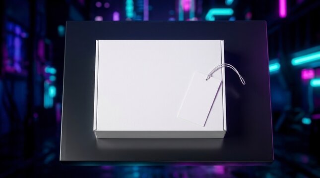 Blank white cardboard shipping box with price tag on dark platform against neon cyber background for product display