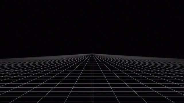Geometric 3D wireframe floor scrolling toward the horizon, seamless looping digital grid animation 4k video