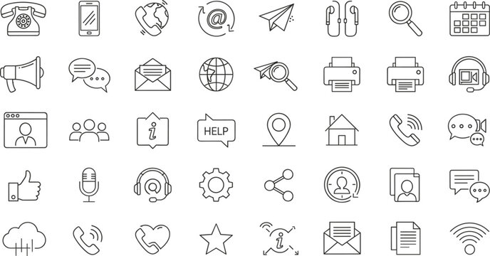 Customer Support Contact Information and Business Communication Line Icon Set with Telephones Headsets Emails Locations and Speech Bubbles for Web Apps