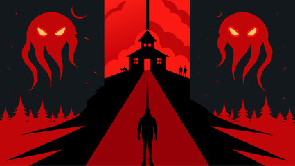 A shadowy figure stands between two towering demonic guardians © ruposhi