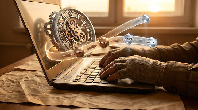 Person typing on laptop with clock and timeline graphics on screen