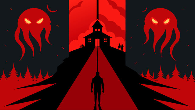 A shadowy figure stands between two towering demonic guardians
