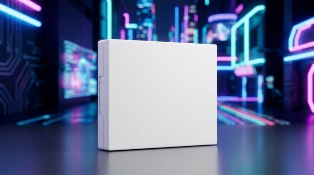 Blank white cosmetic compact powder case on futuristic neon background mockup for beauty product branding and design