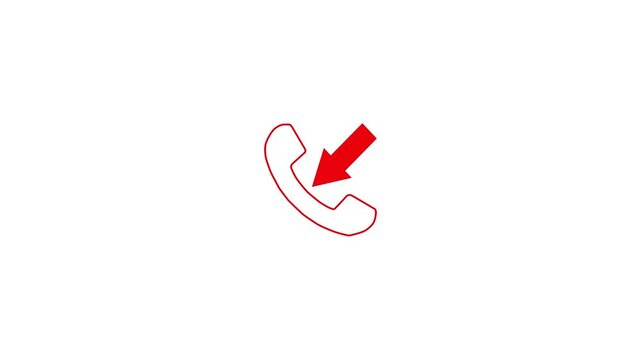 Red outline of a telephone receiver with a red arrow pointing inwards on a white background call incoming