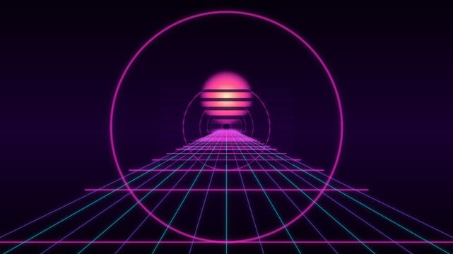 Synthwave neon grid tunnel with retro sunset