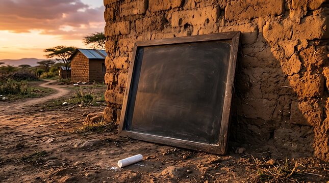 Empty chalkboard against a mud brick wall in rural village at sunset