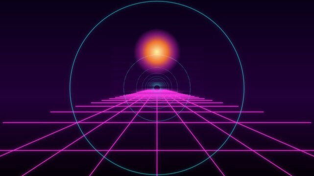 Retro 1980s synthwave neon grid landscape with glowing sun
