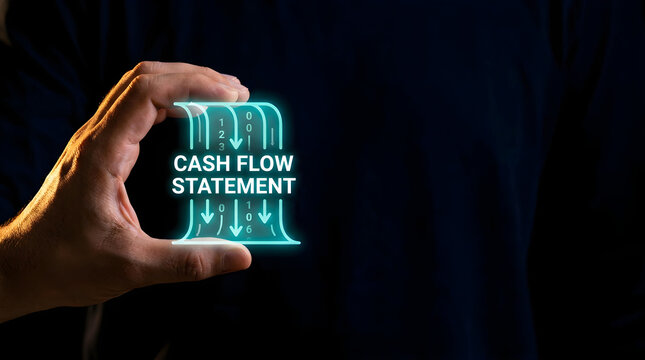 Hand holding glowing neon cash flow statement silhouette icon for business finance analysis