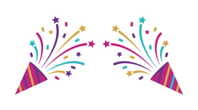 Colorful party poppers bursting with confetti and stars isolated on a white background, perfect for holiday greeting cards, birthday party invitations and festive banner designs
