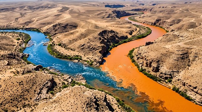 Aerial view of two colored rivers merging in a desert canyon landscape