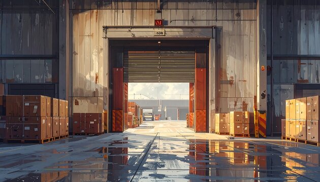 A warehouse interior with boxes, open loading dock, and reflective surfaces, showing a bright outdoor scene