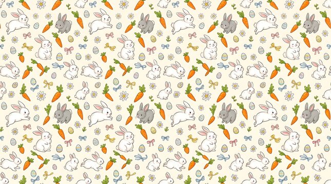 Seamless easter pattern with white rabbits carrots and daisies
