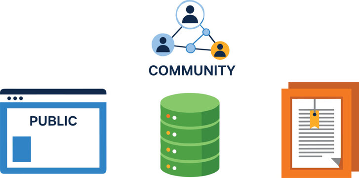 Public open data and community network repository vector concept illustration with database browser window and document files for infographic design