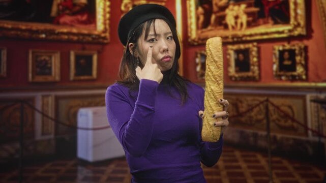 Woman holding baguette points finger to cheek in ornate museum building surrounded by framed paintings and stanchions; curiosity art contrast.