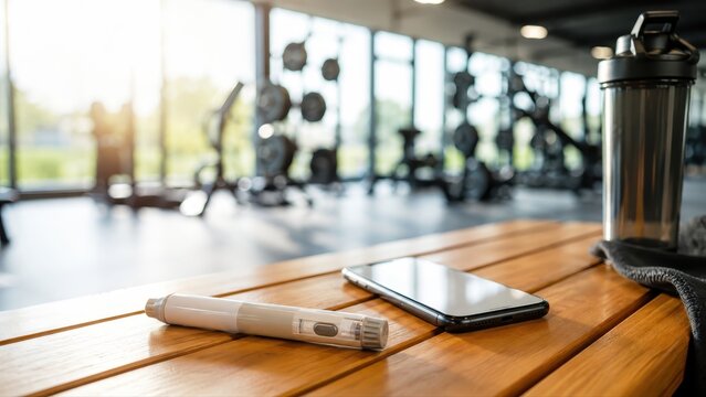 GLP-1 pen on wooden gym bench with smartphone and shaker for fitness