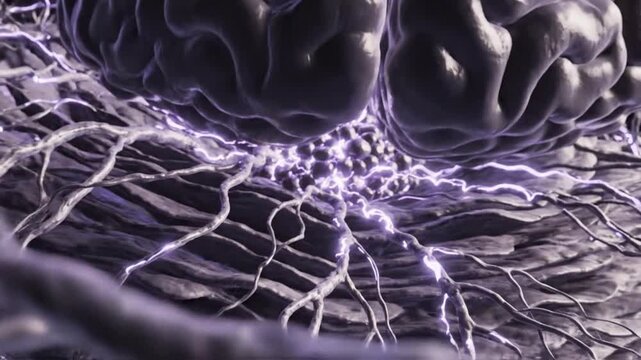 Electricity pulses through two dark brains on a textured surface with purple lightning
