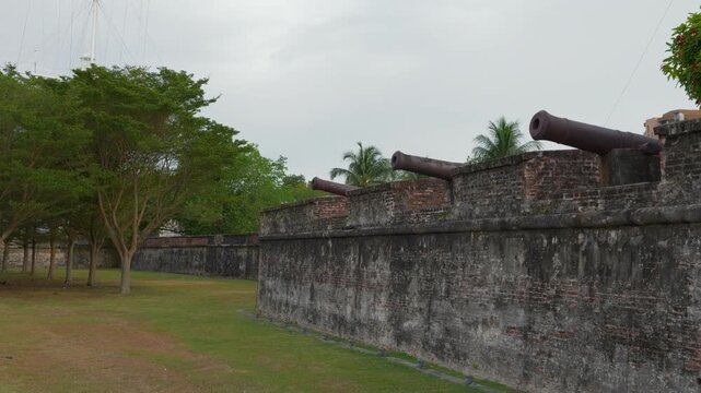 day time penang island george town park fort wall slow motion walking panorama 4k malaysia