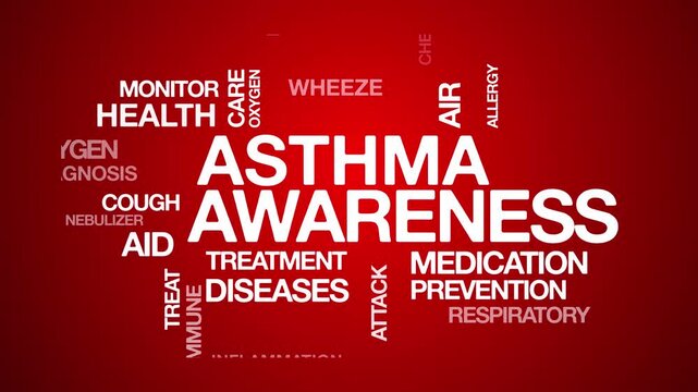 Asthma awareness concept Animated Tag Word Cloud kinetic typography, Text Design Animation typography seamless loop video motion graphics Intro Wordart arrangement red background bg backdrop campaign