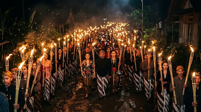 People in traditional javanese dress holding torches in night parade