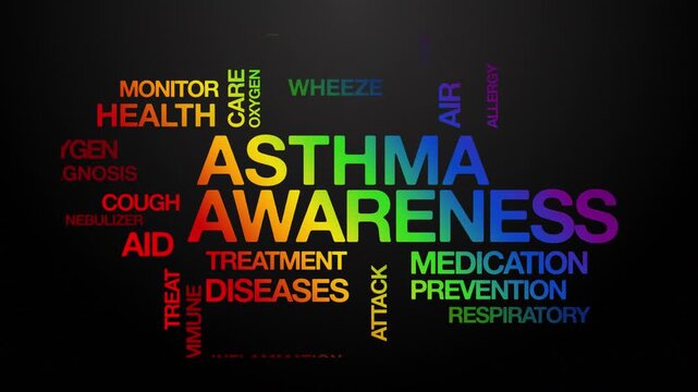 Asthma awareness concept Animated Tag Word Cloud kinetic typography, Text Design Animation typography seamless loop video motion graphics Intro Wordart arrangement rainbow type on black background bg