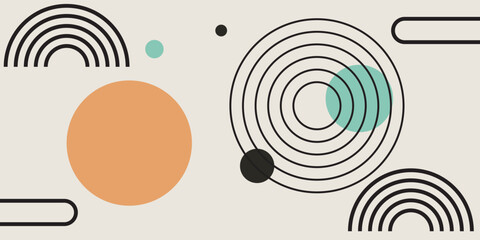 Abstract geometric vector background with concentric circles, semicircles, and organic shapes in mid-century modern style © ARSYAD ALIN 