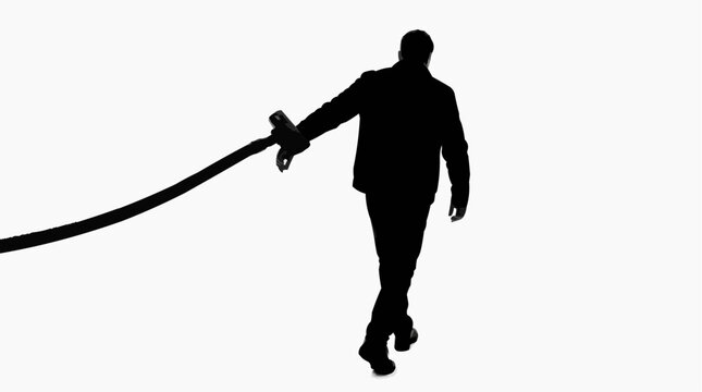 Silhouette of Man Being Pulled by Giant Vacuum Nozzle Representing Consumerism and Loss of Control