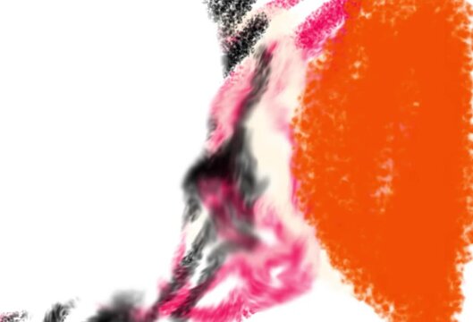 A vibrant pink and black creature moving towards a large orange object in a dark environment.