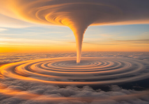 A massive tornado forms above clouds at sunset with swirling winds and a funnel cloud descending from the stormy sky