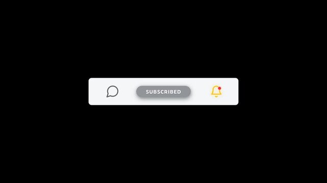 Animated subscribe button click with hand cursor red pill state swap comment bell notification engagement bar on black background 4K luma key overlay