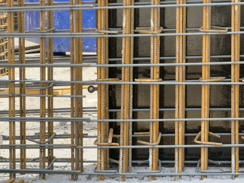 View of steel reinforcement bars and rebar framework for a concrete structure at a construction site in Sariyer, Istanbul, Turkiye.