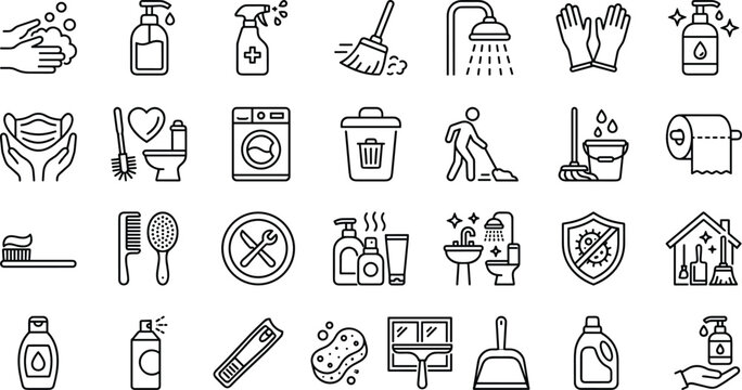 Sanitation Cleaning and Personal Hygiene Outline Icon Set Featuring Housekeeping Washing Machine Disinfectant Toilet Gloves and Maid Service Symbols for App Web Graphic Designs