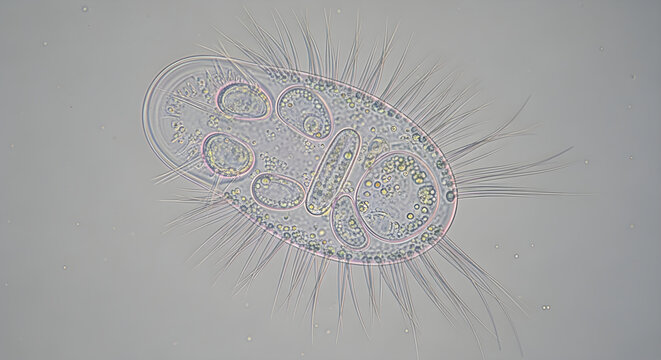 Microscopic view of a paramecium cell organism under a laboratory microscope