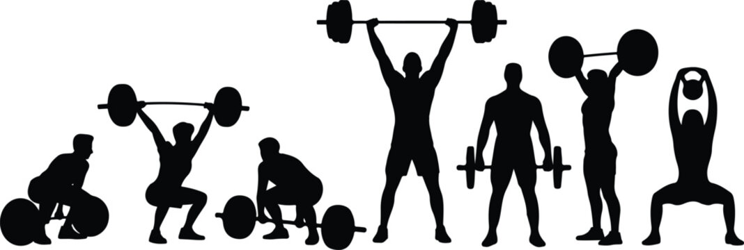 Olympic Weightlifting and Powerlifting Athlete Silhouette Icon Set, Modern Functional Fitness Matrix, Bodybuilding Barbell Exercise Silhouette Graphics, vector, illustration, silhouette.